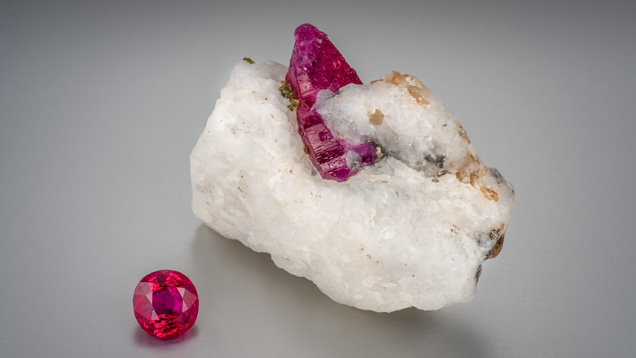 Rough and cut ruby