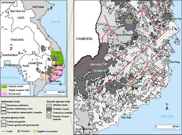 Map of the main sapphire mining areas in southern Vietnam