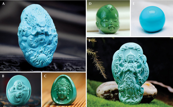 Figure A-1. A variety of high-quality “natural porcelain” turquoise products from Hubei Province. A: Sky blue, 56.7 × 35.2 × 24.6 mm, 56.20 g. B: Greenish blue, 32.6 × 25.7 × 10.6 mm, 12.25 g. C: Bluish green, 36.2 × 28.0 × 13.0 mm, 13.92 g. D: Yellowish green, 15.5 × 16.3 × 19.2 mm, 6.5 g. E: Sky blue, 15.9 mm diameter, 5.63 g. F: Greenish blue, 64.7 × 37.5 × 19.2 mm, 48.75 g. Photos by Ren Fei, Jin Yu Turquoise Company.