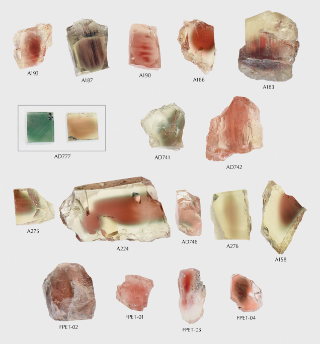 Figure 8. Natural labradorite sunstones from different localities in Oregon and Ethiopia (1.73–4.15 ct). Row 1 (top): Ponderosa mine, Oregon. Row 2: Sunstone Butte mine, Oregon. Row 3: Dust Devil mine, Oregon. Row 4 (bottom): Ethiopia. The corresponding GIA or Gübelin Gem Lab sample number is marked in the figure. Two polarization directions were imaged for AD777. Photo by Qingchao Zhou.