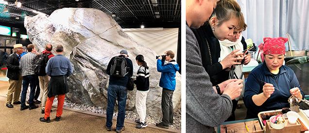 Figure 2. Left: IGC participants viewed a 102-ton jadeite boulder at the Oyashirazu jade museum in Itoigawa. Right: During a field trip to Ago Bay, participants observed the implanting of a bead nucleus in a <em>Pinctada fucata</em> oyster. Photos by Ahmadjan Abduriyim.