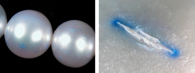 Figure 2. Left: Multiple blue color concentrations under the surface of one pearl; field of view 19.27 mm. Right: Blue dye concentration inside a fracture; field of view 2.34 mm. Photomicrographs by Artitaya Homkrajae.