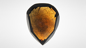 Figure 1. This 1.03 ct natural Fancy Dark brown diamond has uneven color zoning and abundant black inclusions. Infrared absorptions corresponding to carbon dioxide (2370 and 659 cm<sup>–1</sup>) and carbonate (1433 and 870 cm<sup>–1</sup>) were detected. Photo by Mei Yan Lai.