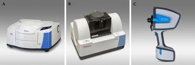 Figure 3. Commercial FTIR instruments include research-grade benchtop devices by manufacturers such as Thermo Fisher (A), Shimadzu, Bruker, and others; smaller and portable desktop instruments such as the GIA DiamondCheck (B); and a few handheld devices such as the one made by Agilent (C). Courtesy of Thermo Fisher Scientific (A) and Agilent Technologies, Inc. (C).