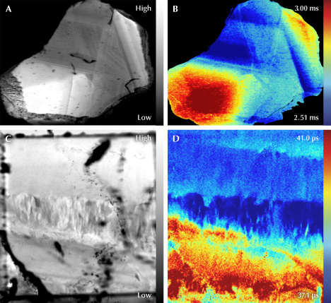 Figure 13. Images A and B show a natural blue sapphire plate measured with TCSPC using 405 nm excitation and detecting the emission band of Cr3+, where A shows the summed intensity and B the weighted mean lifetime. Growth structure is apparent in both images. C and D show a faceted untreated emerald measured using 405 nm excitation with emission centered at 684 nm, where C shows the summed intensity and D the weighted mean lifetime. The summed intensity map is heavily affected by the inclusions and cracks in the sample, but the lifetime map is resistant to these features, revealing various growth structures. Fields of view 6.5 mm (A) and 3.1 mm (C).