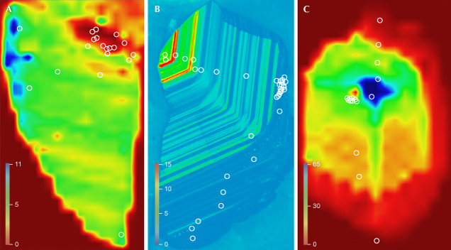 Figure 8. Representative false-color PL maps showing Cr3+-related luminescence in corundum. A: A Cambodian sapphire from Pailin Province with diffuse zoning (yellow and green colors). B: A Thai sample from Kanchanaburi with oscillatory growth zoning that decreases sharply with chromium content toward the rim. C: An Australian sapphire from Inverell shows diffuse core-to-rim zoning (perceived ridges at the yellow-red boundary are due to larger step size during PL mapping, which may also be related to the green linear features down the crystal center). The overlaid circles show the location of oxygen isotope analyses targeting different growth domains in the sapphires (Turnier, 2022).