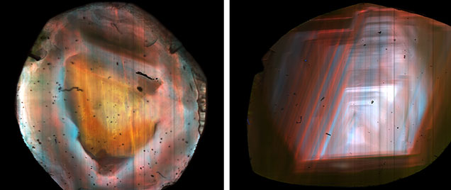 Figure 9. False-color images of two natural rough diamonds, cut in half with one polished face to show their internal growth structures. Broad sections of the spectra from each pixel were separated into blue (N3), green (H3), and red (plastic deformation–related luminescence at ~700 nm). Spectral overlap between features results in colors that represent combinations of defects. Sample A on the left is a natural diamond with two distinct growth phases: a colorless central core region and a brown-colored rim. Sample B on the right is a cross-section of natural diamond showing strong N3 emission with regions of higher H3 (appearing blue-green), with red lines representing plastic deformation throughout the growth structure. Both images are ~5.5 mm across and were acquired with a 4 × 0.16 NA objective lens using 405 nm excitation at room temperature. Images by Daniel Jones.