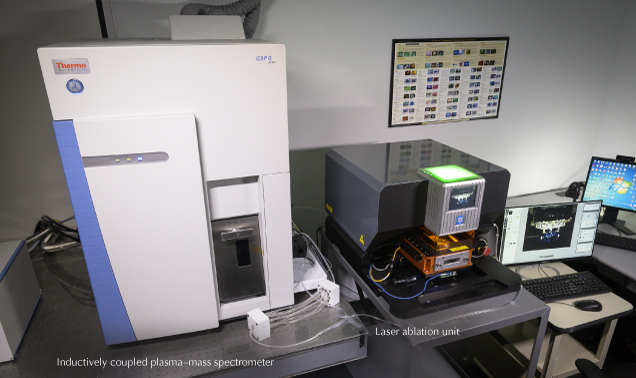 Figure 4. The LA-ICP-MS system at GIA’s Carlsbad laboratory, consisting of a New Wave Research ESI NWR 213 laser ablation system and a Thermo Fisher Scientific iCAP-Q inductively coupled plasma–mass spectrometer. Photo by Kevin Schumacher.