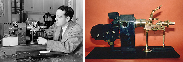 Figure 10. Left: Richard Liddicoat using an endoscope to examine the internal structure of a pearl. Right: A 1979 photo of the same instrument.