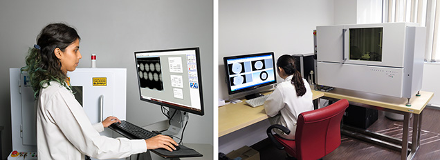 Figure 2. An X-ray microradiography unit in GIA’s Mumbai laboratory (left) and an X-ray computed microtomography unit at GIA’s Bangkok laboratory (right). Both are used mainly for pearl testing. Photos by Gaurav Bera (left) and GIA staff (right).