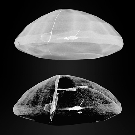 Figure 6. 3D rendering of a lead glass–filled ruby, with different contrast highlighting the opaque lead glass areas inside the gem.