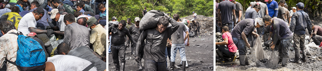 Retrieving ore emptied by the MTC trucks along the Río Itoco