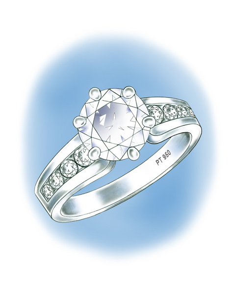 Illustration of platinum solitaire, featuring a round brilliant center stone set with six prongs and round brilliant channel-set stones down each side of the shank