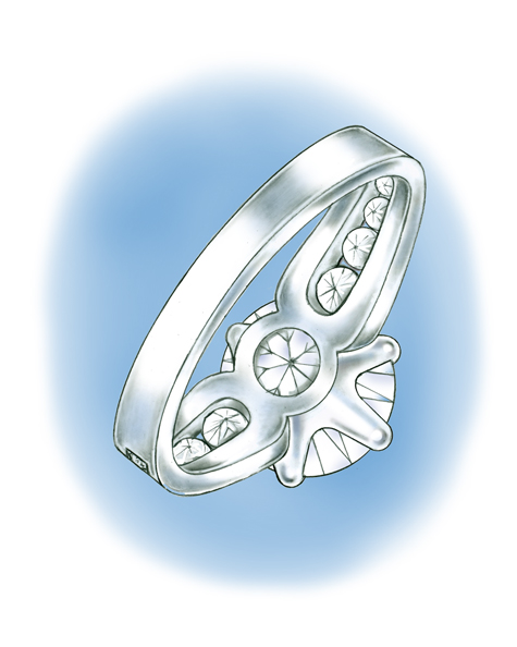 Illustration of underside of platinum solitaire, featuring a round brilliant center stone set with six prongs and round brilliant channel-set stones down each side of the shank