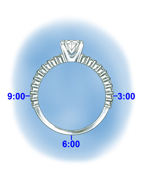 Illustration of a platinum solitaire with diamonds set in the shank